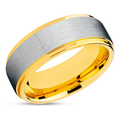 Yellow Gold Tungsten Ring - Silver Brush - Yellow Gold Wedding Band - Tungsten