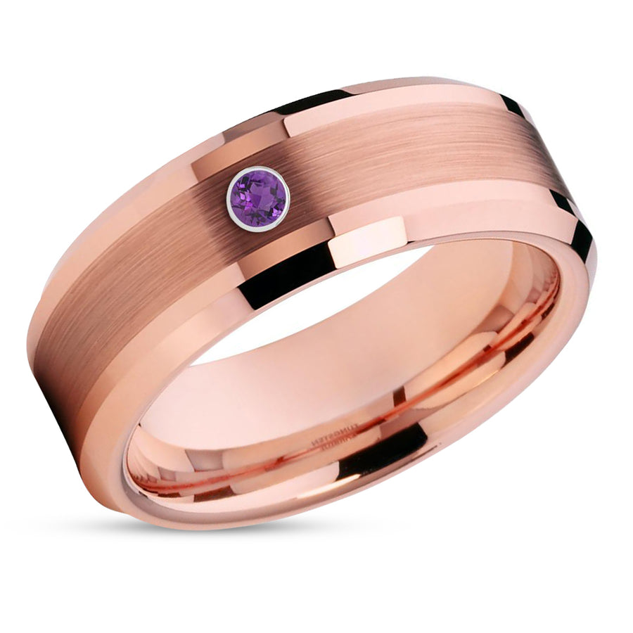 Rose Gold Wedding Ring - Tungsten Wedding Ring - Amethyst  Wedding Ring - Tungsten
