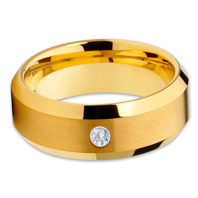 Yellow Gold Tungsten Band - White Diamond Ring - Tungsten Wedding Ring - Clean Casting Jewelry