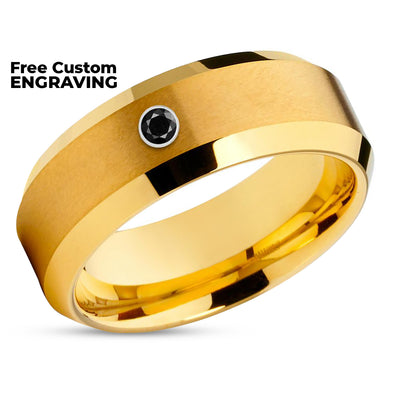 Man's Wedding Ring - Black Diamond Ring - Yellow Gold Tungsten Ring - Yellow Gold Ring