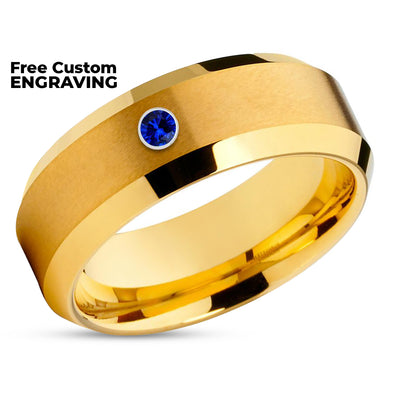 Yellow Gold Tungsten Ring - Blue Sapphire - Yellow Gold Tungsten - Yellow Gold Ring