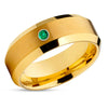 Yellow Gold Tungsten Wedding Ring - Emerald Wedding  Ring - Tungsten Carbide