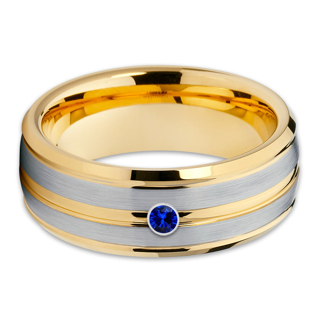 Blue Sapphire Ring - Yellow Gold Tungsten - Yellow Gold Tungsten Ring - Clean Casting Jewelry