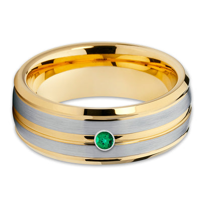 Yellow Gold Tungsten Ring - Emerald Tungsten Ring - Brush - 8mm Ring - Clean Casting Jewelry