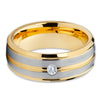 Yellow Gold Tungsten - White Diamond Ring - Men's Wedding Ring - Tungsten - Clean Casting Jewelry
