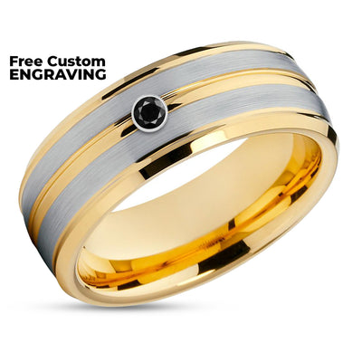 Yellow Gold Tungsten Ring - Black Diamond Ring - Tungsten Wedding Ring - Man's Ring