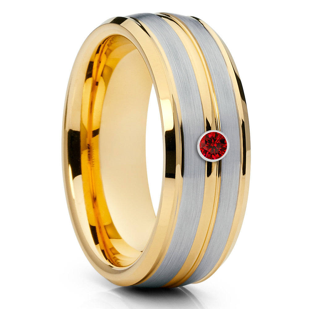 Yellow Gold Tungsten Wedding Band - Ruby Ring -Yellow Gold Tungsten - Clean Casting Jewelry