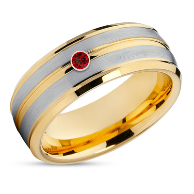 Yellow Gold Tungsten Ring - Ruby Wedding Ring - Man's Wedding Ring - Wedding Band