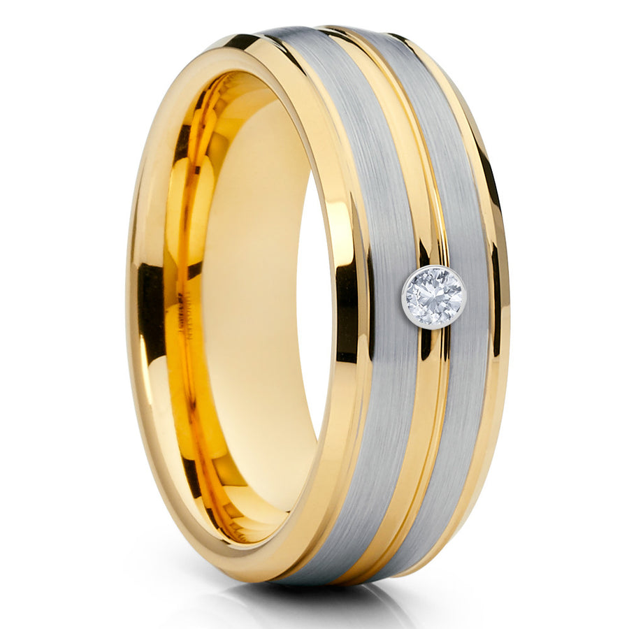 Yellow Gold Tungsten - White Diamond Ring - Men's Wedding Ring - Tungsten - Clean Casting Jewelry 