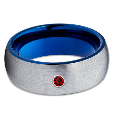Ruby Tungsten Ring - Blue Wedding Band - Gray Tungsten Ring - Brush - Clean Casting Jewelry