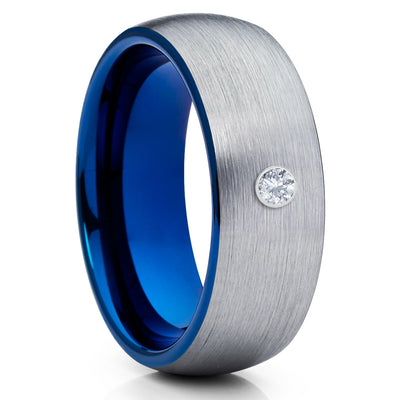 Blue Tungsten Band - White Diamond Ring - Gray Tungsten Ring - Brush - Clean Casting Jewelry