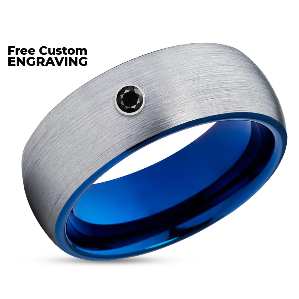 Black Diamond Ring - Blue Wedding Ring - Gray Tungsten Ring - Tungsten Carbide Ring