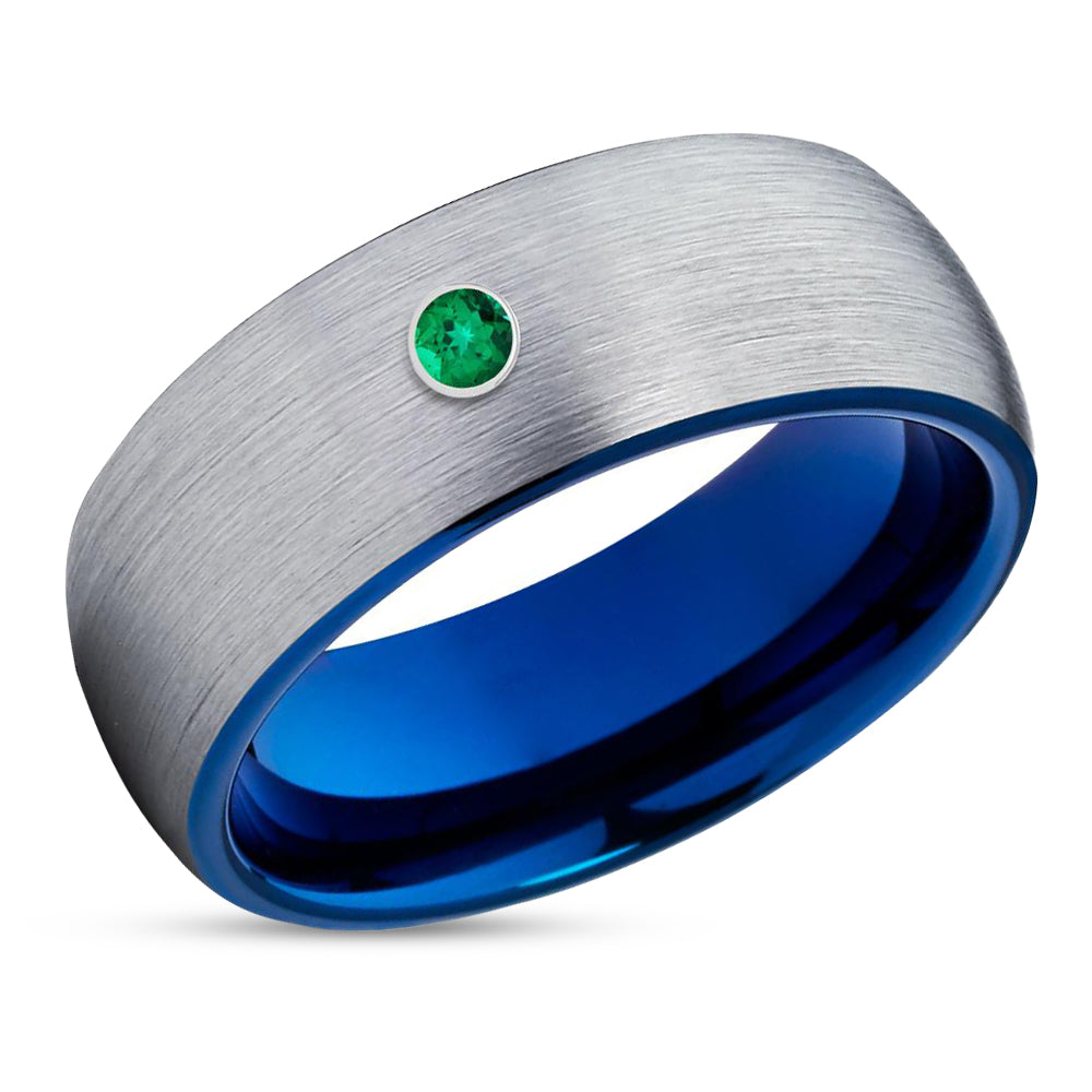 Emerald Tungsten Ring - Blue Tungsten Band - Gray Tungsten Ring - Blue Wedding Ring