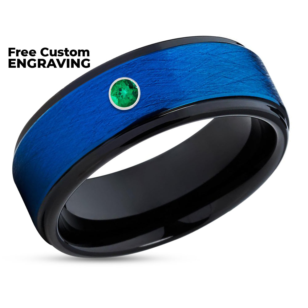 Emerald Tungsten Ring - Blue Tungsten Band - Emerald Tungsten Band - 8mm