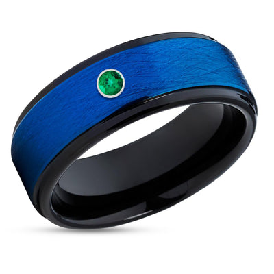 Emerald Tungsten Ring - Blue Tungsten Band - Emerald Tungsten Band - 8mm