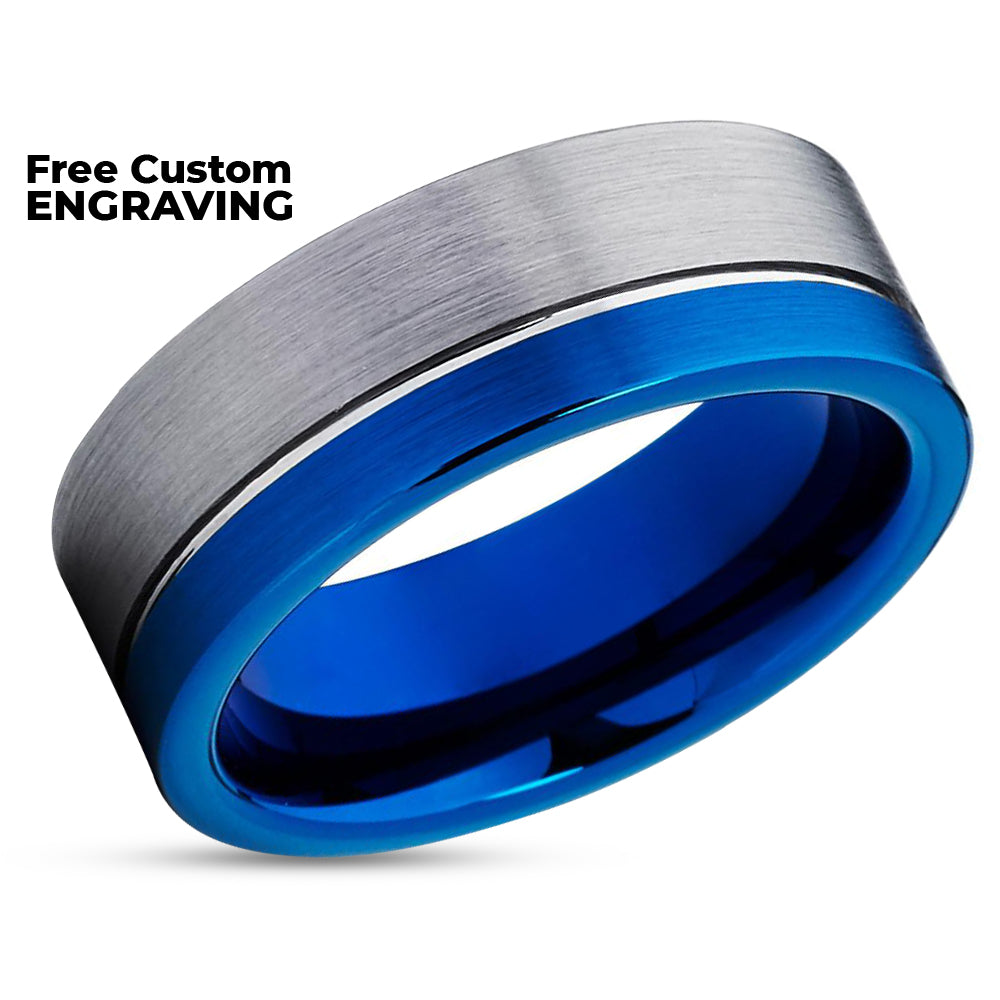 Blue Wedding Band - Gray Wedding Ring - 8mm Tungsten Ring - Tungsten Band