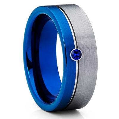 Blue Tungsten Wedding Band - Gray Tungsten Ring - Blue Sapphire Ring - 8mm - Clean Casting Jewelry