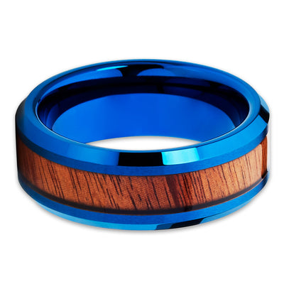 Koa Wood Tungsten Wedding Band - Blue Tungsten Ring - Blue Tungsten 8mm - Clean Casting Jewelry