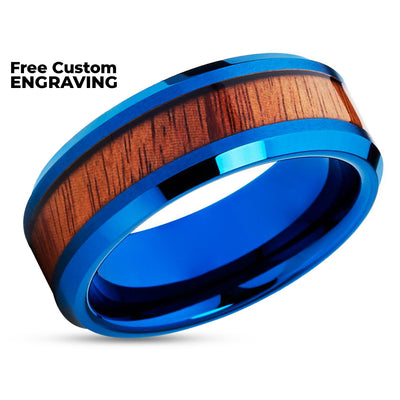 Koa Wood Tungsten Wedding Band - Blue Tungsten Ring - Blue Tungsten 8mm