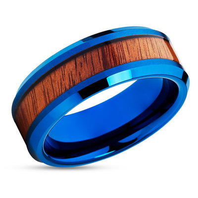 Koa Wood Tungsten Wedding Band - Blue Tungsten Ring - Blue Tungsten 8mm