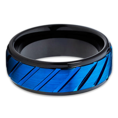 Blue Tungsten - Men's Wedding Band - Tire Ring - Tungsten Carbide - Brush - Clean Casting Jewelry