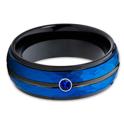 Blue Tungsten Ring - Hammered Ring - Tungsten Wedding Band - Black - Clean Casting Jewelry