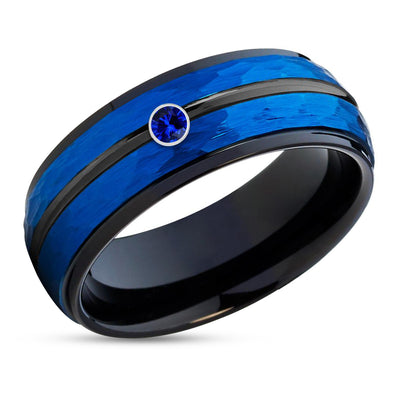 Black Wedding Ring - Blue Tungsten Ring - Blue Sapphire Ring - Tungsten Wedding Band - Ring