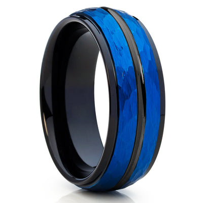 Blue Tungsten Wedding Band - Hammered - Black Tungsten - 8mm - Clean Casting Jewelry