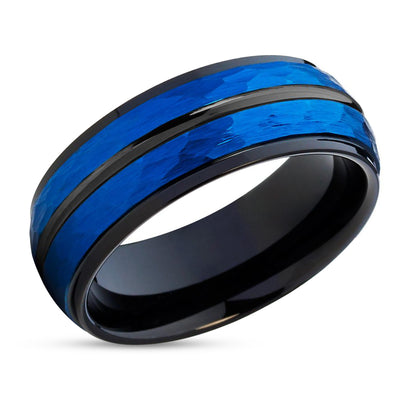 Men's Wedding Band - Black Tungsten Ring - Hammered Wedding Ring - Blue Ring