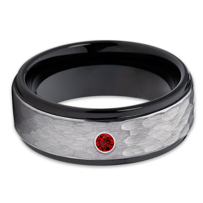 Black Wedding Ring - Men's Wedding Band - Black Tungsten Ring - Ruby Ring - Clean Casting Jewelry