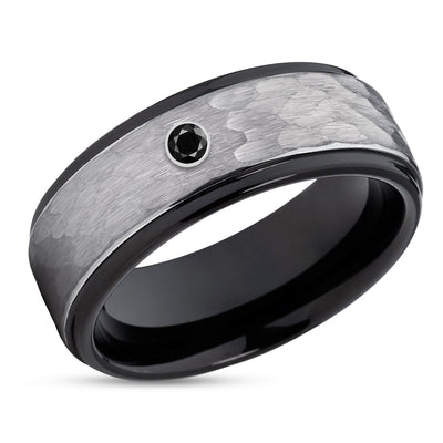 Black Wedding Ring - Black Diamond Tungsten Ring - Hammered Ring - Black Ring