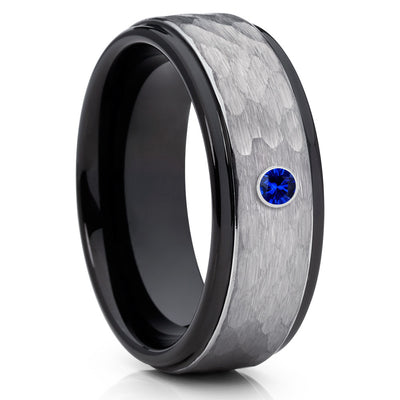 Black Tungsten Ring - Black Tungsten Band - Blue Sapphire Ring - 8mm - Clean Casting Jewelry