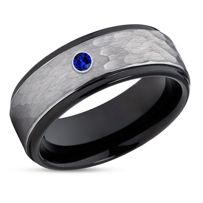 Black Tungsten Ring - Black Tungsten Band - Blue Sapphire Ring - Gray - Wedding Band