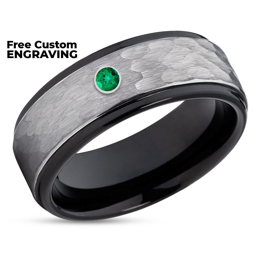 Emerald Wedding Ring - Black Tungsten Ring - Tungsten Wedding Ring - Emerald Wedding Ring
