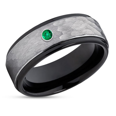 Emerald Wedding Ring - Black Tungsten Ring - Tungsten Wedding Ring - Emerald Wedding Ring