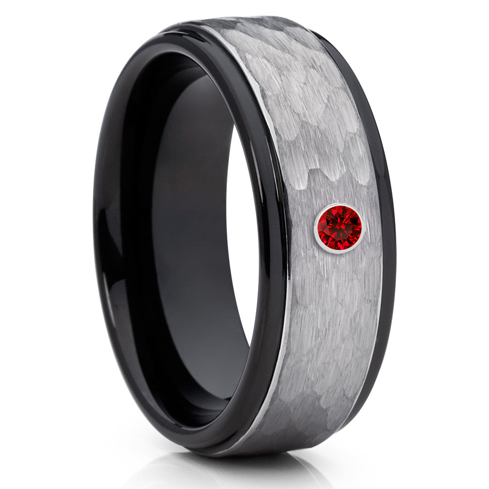 Black Wedding Ring - Men's Wedding Band - Black Tungsten Ring - Ruby Ring - Clean Casting Jewelry