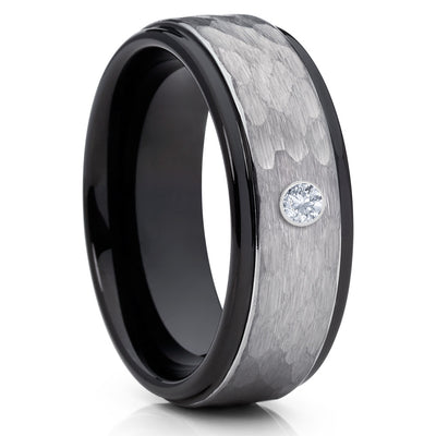 Black Wedding Ring - Tungsten Wedding Ring - Hammered Wedding Ring - Diamond Ring
