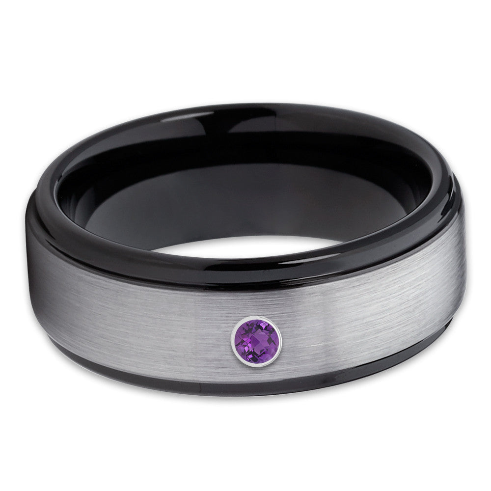 Black Tungsten Wedding Band - Amethyst Wedding Ring - Black Tungsten Band - Clean Casting Jewelry