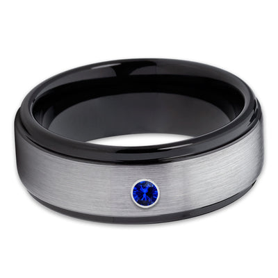 Black Tungsten Wedding Band - Blue Sapphire Ring - Gray Tungsten Ring - Clean Casting Jewelry