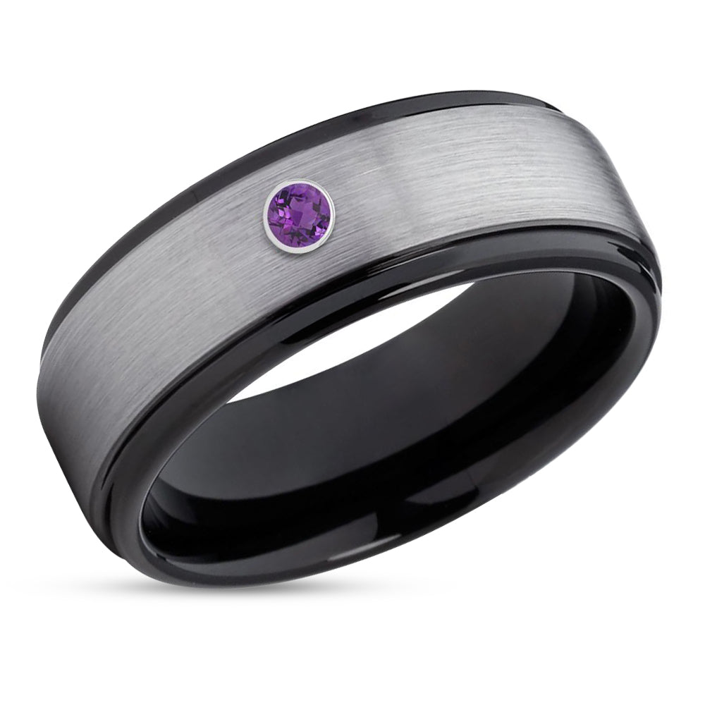 Black Tungsten Wedding Band - Amethyst Wedding Ring - Black Tungsten Band - Gray Ring