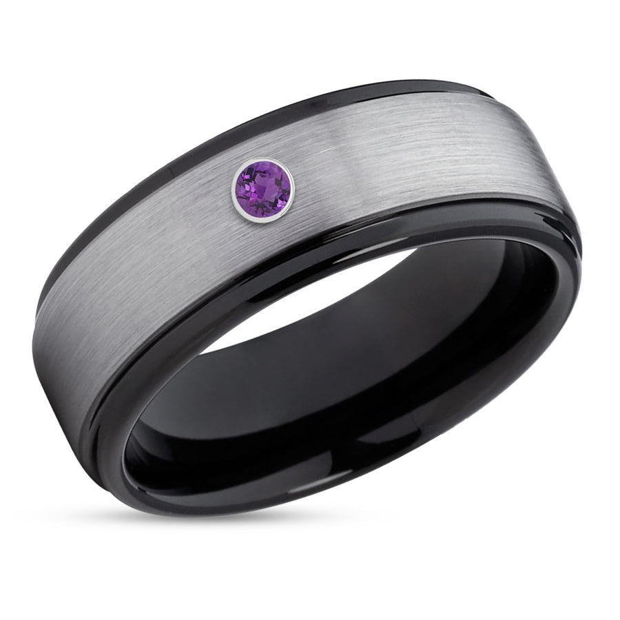 Black Tungsten Wedding Band - Amethyst Wedding Ring - Black Tungsten Band - Gray Ring