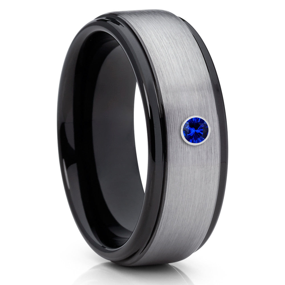 Black Tungsten Wedding Band - Blue Sapphire Ring - Gray Tungsten Ring - Clean Casting Jewelry