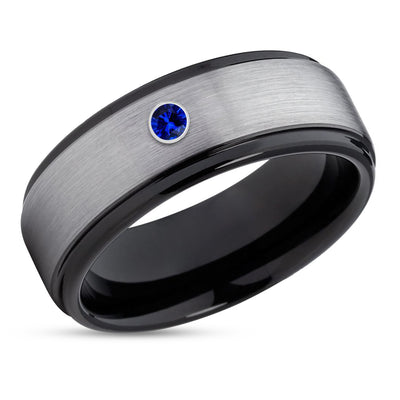 Black Tungsten Wedding Ring - Blue Sapphire Ring - Black Wedding Band - Engagement Ring