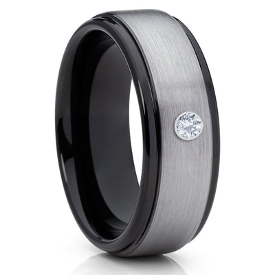 Black Tungsten Ring - White Diamond Tungsten Ring - Gray Wedding Band - Clean Casting Jewelry