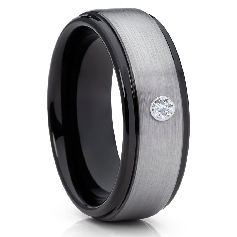 Black Tungsten Ring - White Diamond Tungsten Ring - Gray Wedding Band - Clean Casting Jewelry 