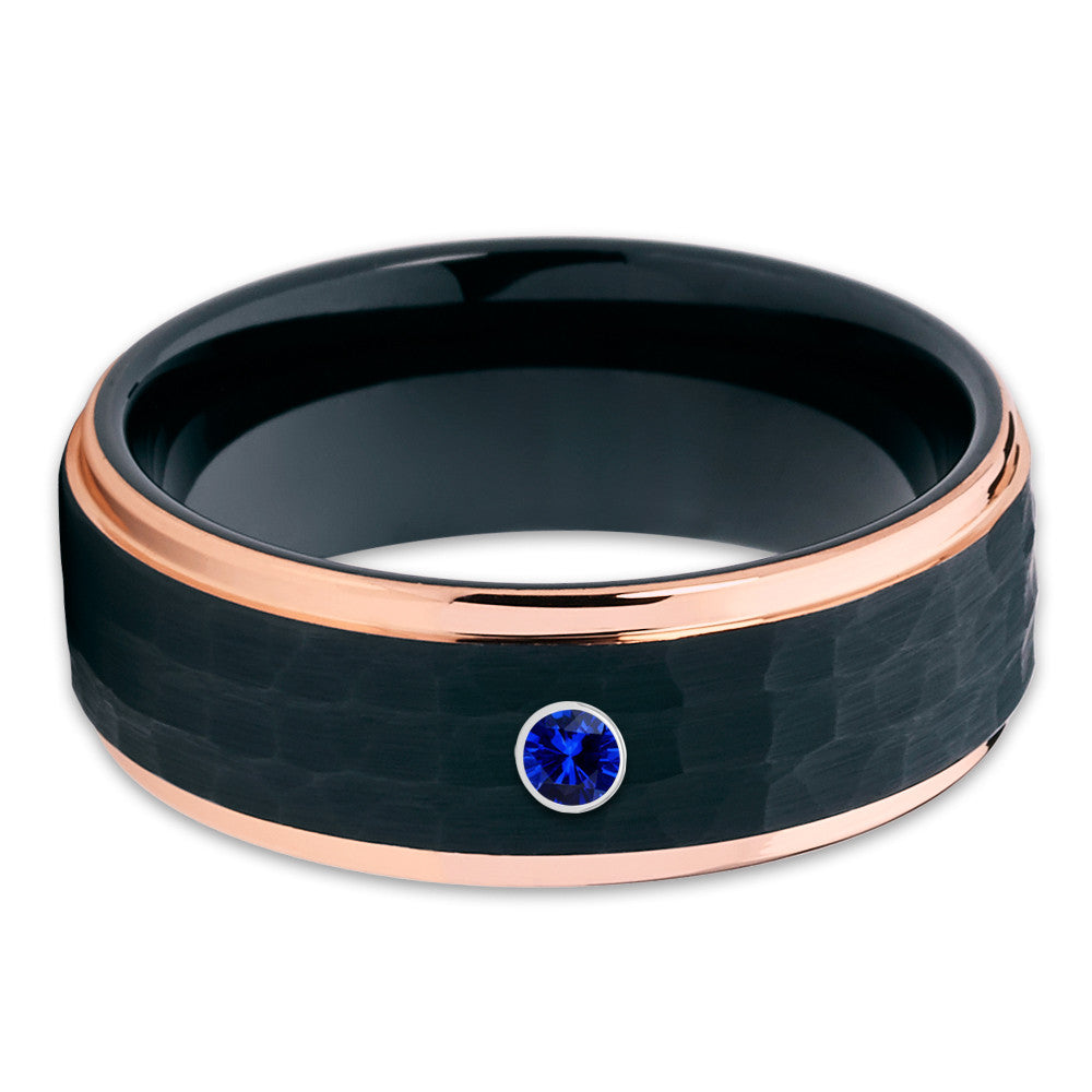 Rose Gold Tungsten Ring - Black Tungsten - Blue Sapphire Ring - 8mm - Clean Casting Jewelry