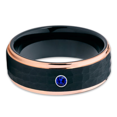 Rose Gold Tungsten Ring - Black Tungsten - Blue Sapphire Ring - 8mm - Clean Casting Jewelry