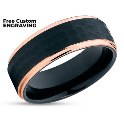 Rose Gold Tungsten Ring - Hammered Ring - Black Tungsten Ring - Brush
