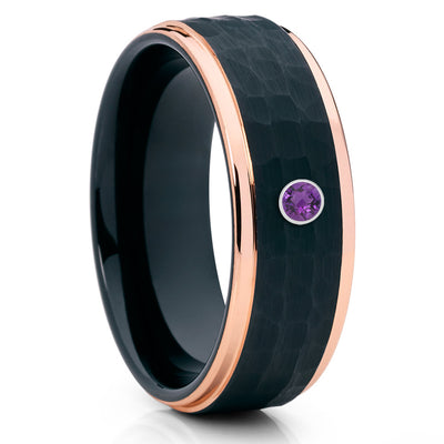 Amethyst Tungsten Ring - Rose Gold Tungsten - Black Tungsten Ring - 8mm - Clean Casting Jewelry