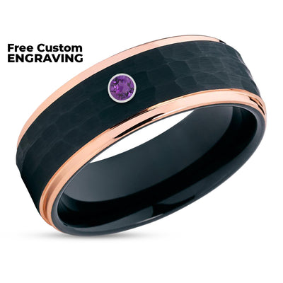 Amethyst Wedding Ring - Black Tungsten Ring - Rose Gold Wedding Band - Wedding Band